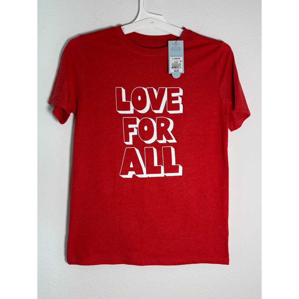 Cat & Jack Boys Red Love For All Graphic Tee Shirt Size L 12/14 NWT